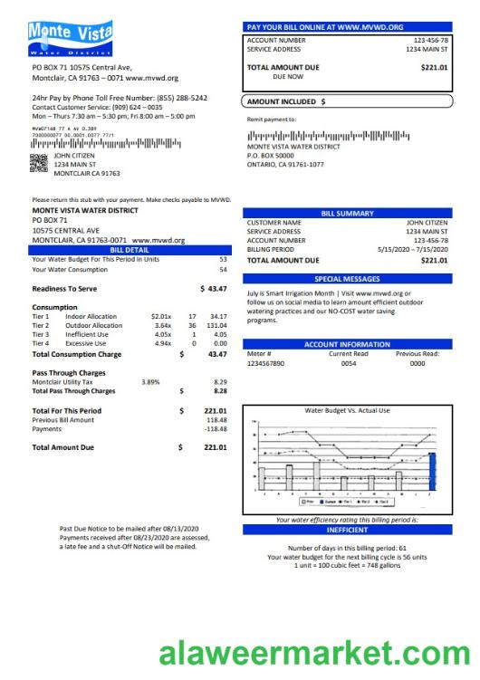 USA California Monte Vista Water District utility bill template in Word and PDF format